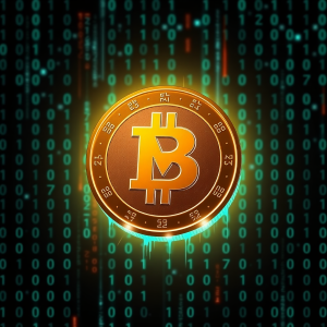 Monero coin with cyberpunk glow and matrix background, symbolizing privacy and security