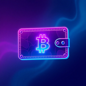 Abstract crypto wallet with neon magenta and blue, digital art style