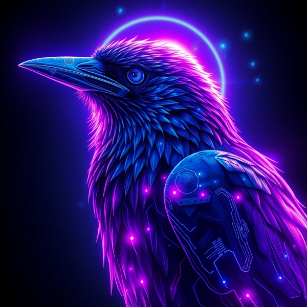Cyberpunk crow with neon violet and blue glowing feathers, circuit textures, holographic halo, and particle light trails