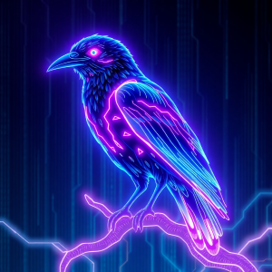 Neon cyber crow perched on glowing circuit branch, feathers with purple and blue holographic light, digital matrix background