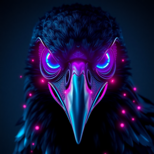 Holographic crow head with electric blue eyes and magenta glow, cybernetic textures, and luminous feathers