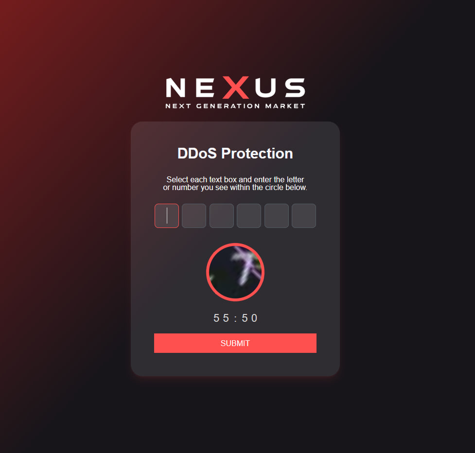 UI Screenshot of Nexus Market dashboard with cyberpunk elements, neon blue and violet highlights, and digital crow motif