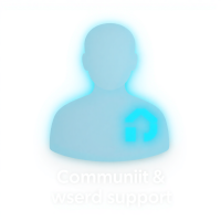 User icon with cyan glow, representing community and support