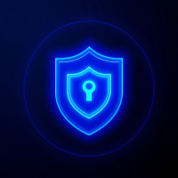 Shield icon with neon blue glow, symbolizing advanced security