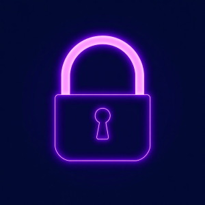 Abstract lock icon with neon violet glow, representing encryption and privacy